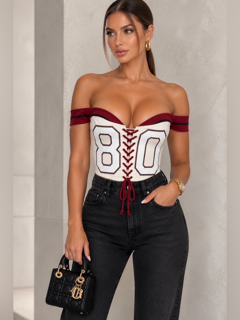 Off-Shoulder Lace-Up Corset Camisole in White & Burgundy
